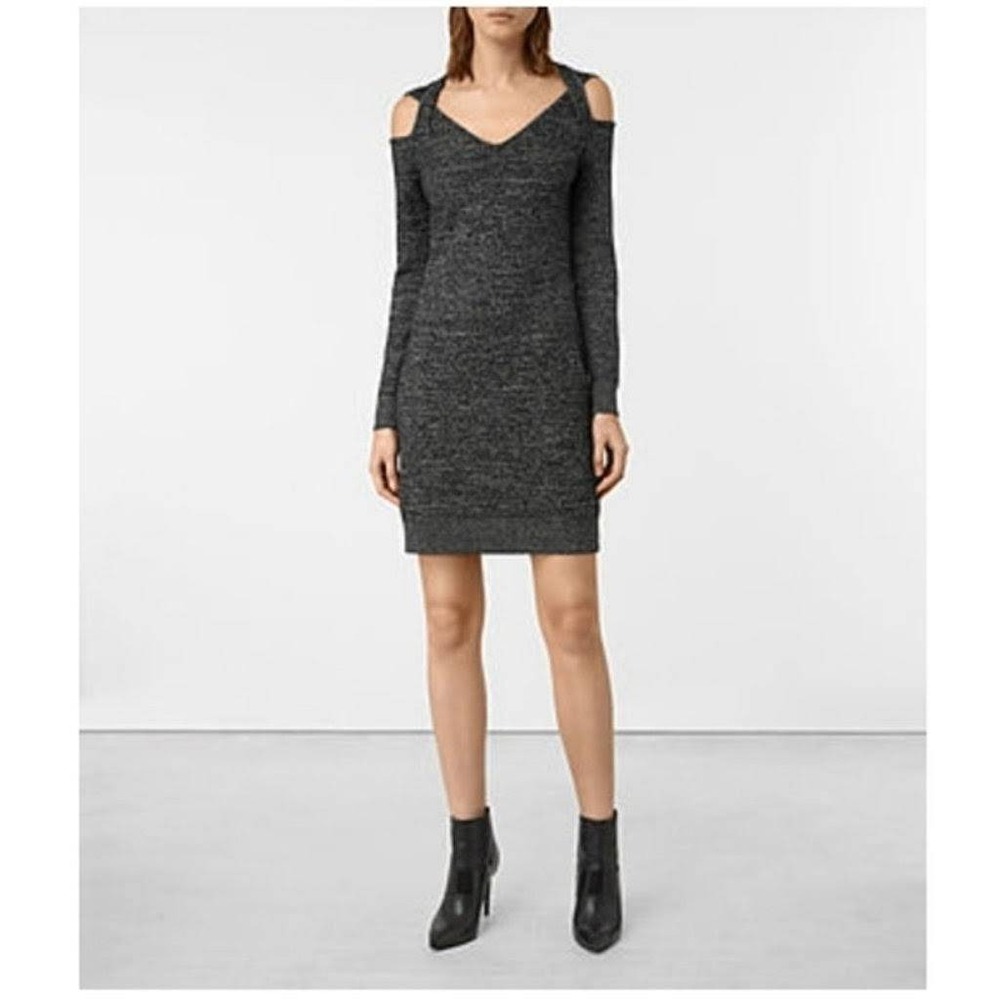 AllSaints Neri Twist Dress Women XS Gray Cold Shoulder Wool Cotton Minimalist